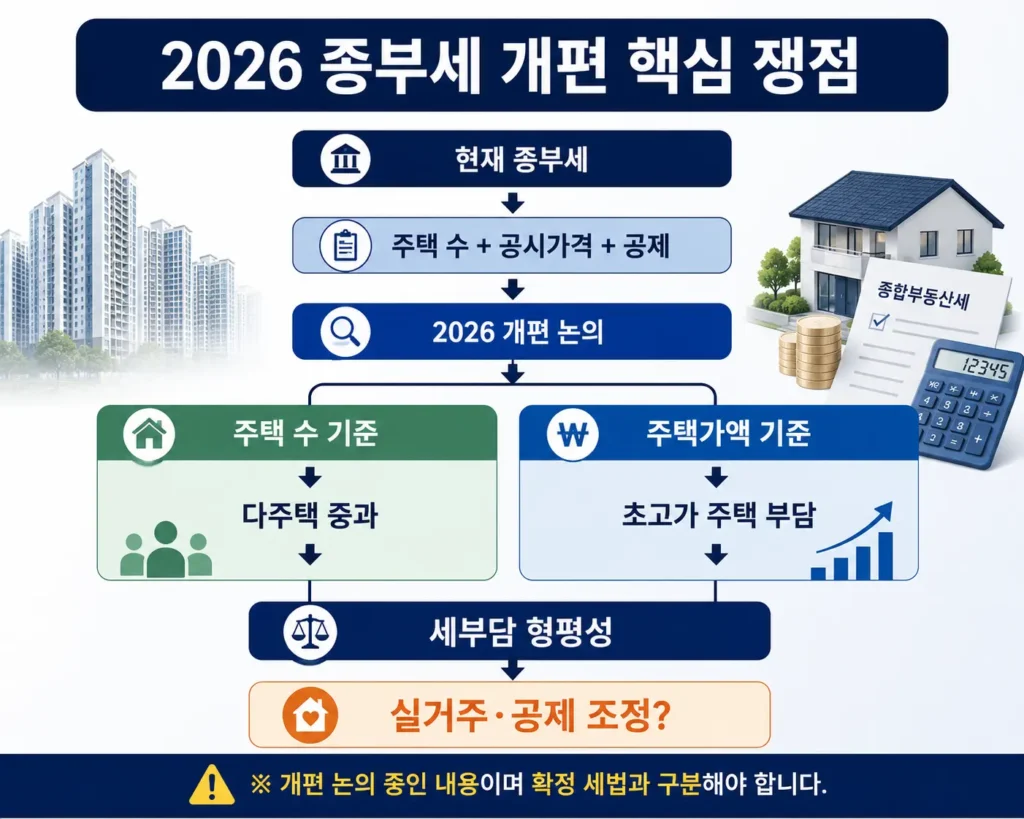 2026 종합부동산세 개편에서 주택 수 가액 초고가 1주택 실거주 세액공제를 비교한 인포그래픽