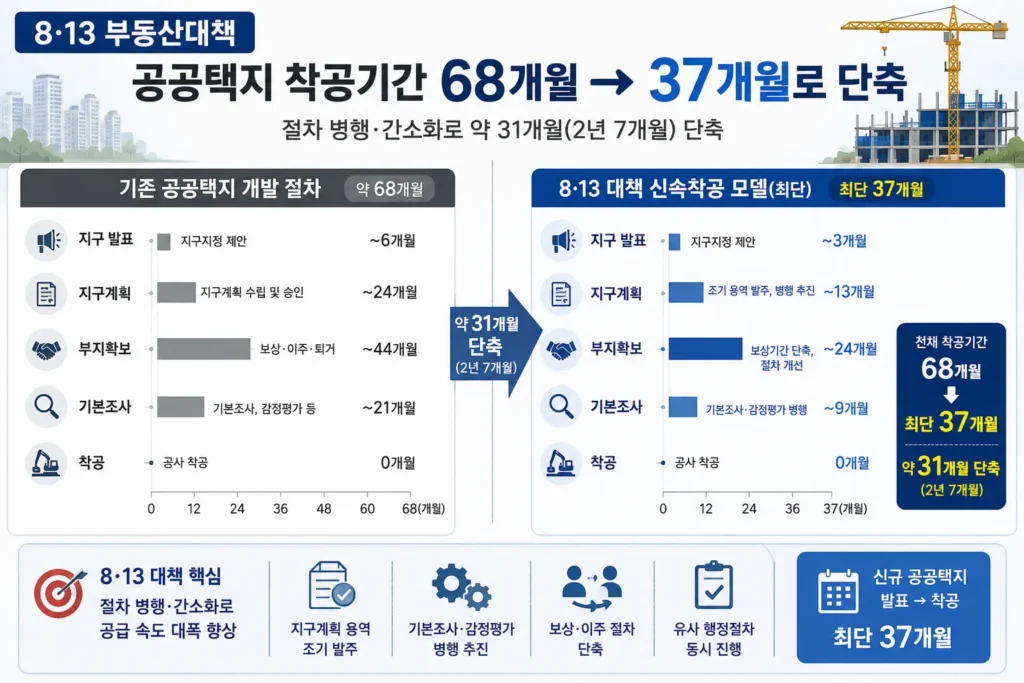 8·13 부동산대책 공공택지 착공기간 68개월에서 37개월 단축 비교
