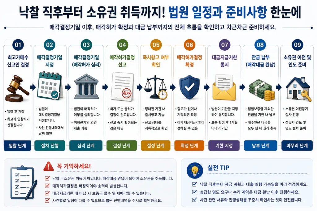 최고가매수신고인 결정부터 매각허가 확정과 잔금 납부까지 준비사항을 설명하는 인포그래픽