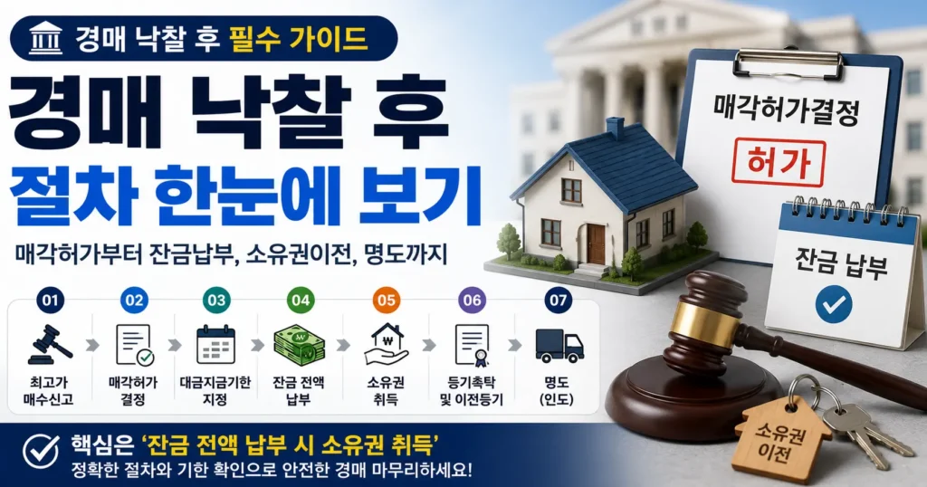 경매 낙찰 후 절차와 매각허가 잔금납부 소유권이전 명도 순서를 설명하는 인포그래픽
