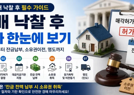 경매 낙찰 후 절차와 매각허가 잔금납부 소유권이전 명도 순서를 설명하는 인포그래픽