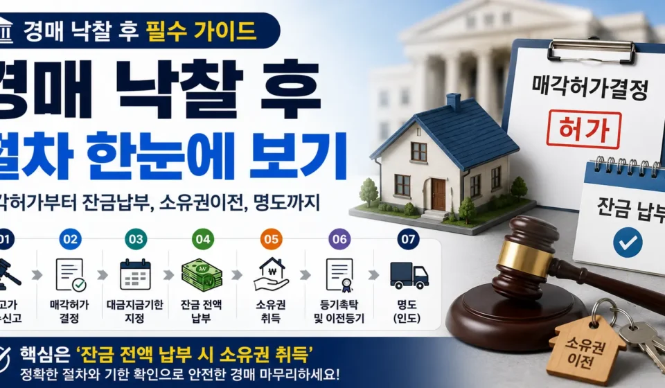 경매 낙찰 후 절차와 매각허가 잔금납부 소유권이전 명도 순서를 설명하는 인포그래픽