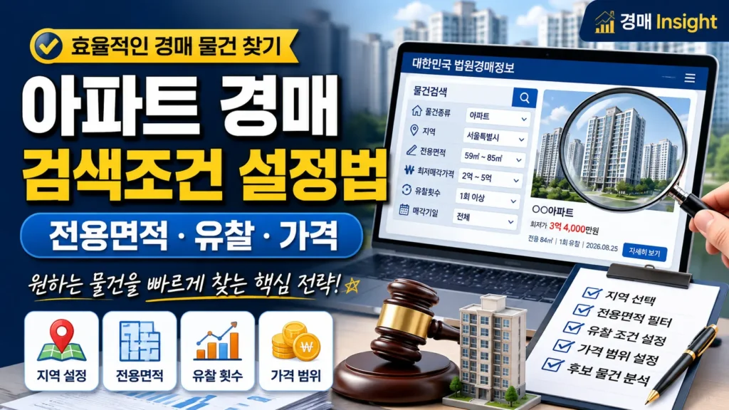 아파트 경매 물건 검색에서 전용면적 유찰 횟수 가격 조건을 설정하는 방법