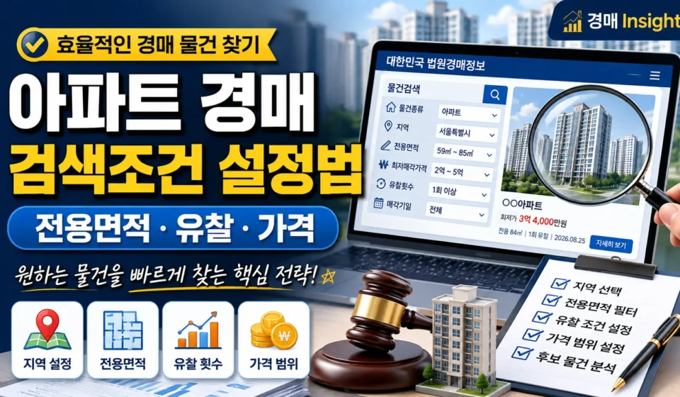 아파트 경매 물건 검색에서 전용면적 유찰 횟수 가격 조건을 설정하는 방법