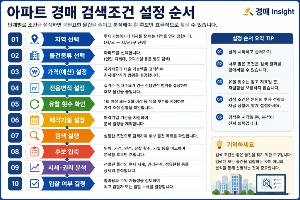아파트 경매 물건 검색에서 지역 가격 전용면적 유찰 조건을 순서대로 설정하는 과정