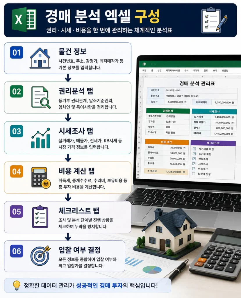 권리, 시세, 비용 탭으로 구성된 경매 분석 엑셀 구조 인포그래픽