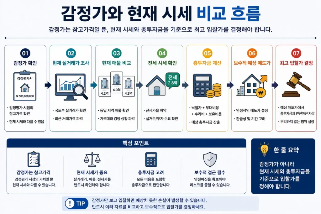 감정가와 현재 시세를 비교해 적정 입찰가를 산정하는 과정을 설명하는 인포그래픽