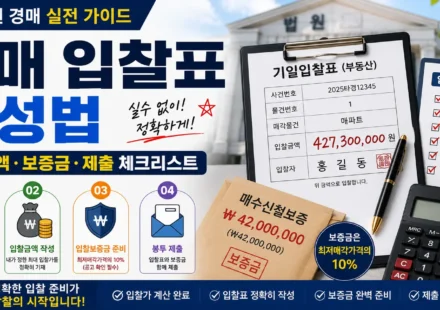 경매 입찰표 작성법과 입찰금액 입찰보증금 제출 방법을 설명하는 법원 경매 체크리스트
