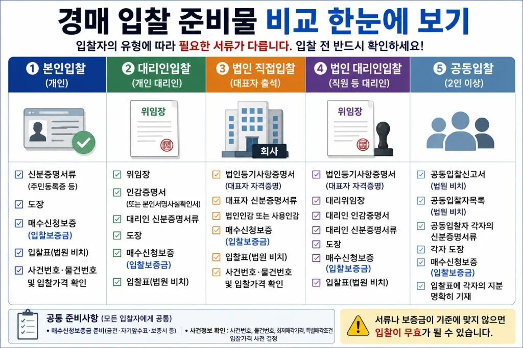 경매 입찰 준비물 본인 대리인 법인 비교