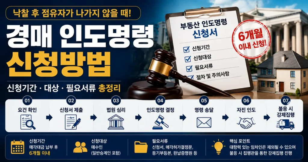 경매 인도명령 신청방법과 신청기간 대상 필요서류를 설명하는 인포그래픽
