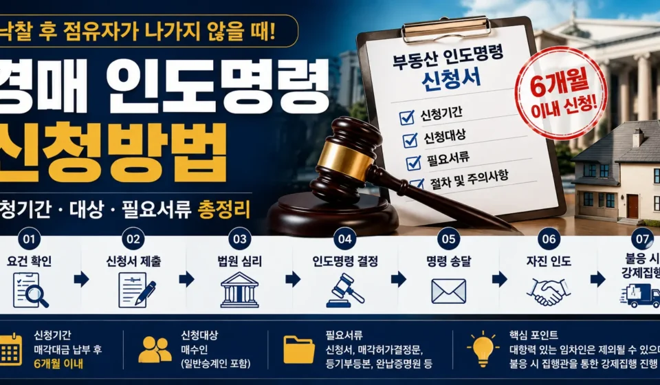 경매 인도명령 신청방법과 신청기간 대상 필요서류를 설명하는 인포그래픽