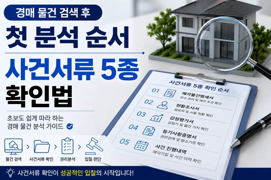 경매 물건 검색 후 사건서류 5종 확인 순서를 설명하는 이미지