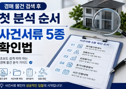 경매 물건 검색 후 사건서류 5종 확인 순서를 설명하는 이미지