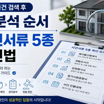 경매 물건 검색 후 사건서류 5종 확인 순서를 설명하는 이미지