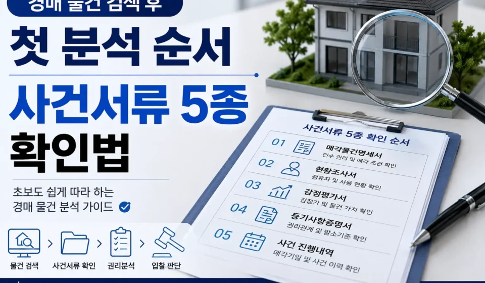 경매 물건 검색 후 사건서류 5종 확인 순서를 설명하는 이미지