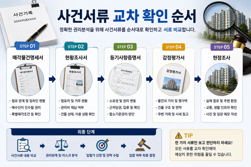 매각물건명세서와 현황조사서, 등기사항증명서를 비교하는 순서를 설명하는 인포그래픽