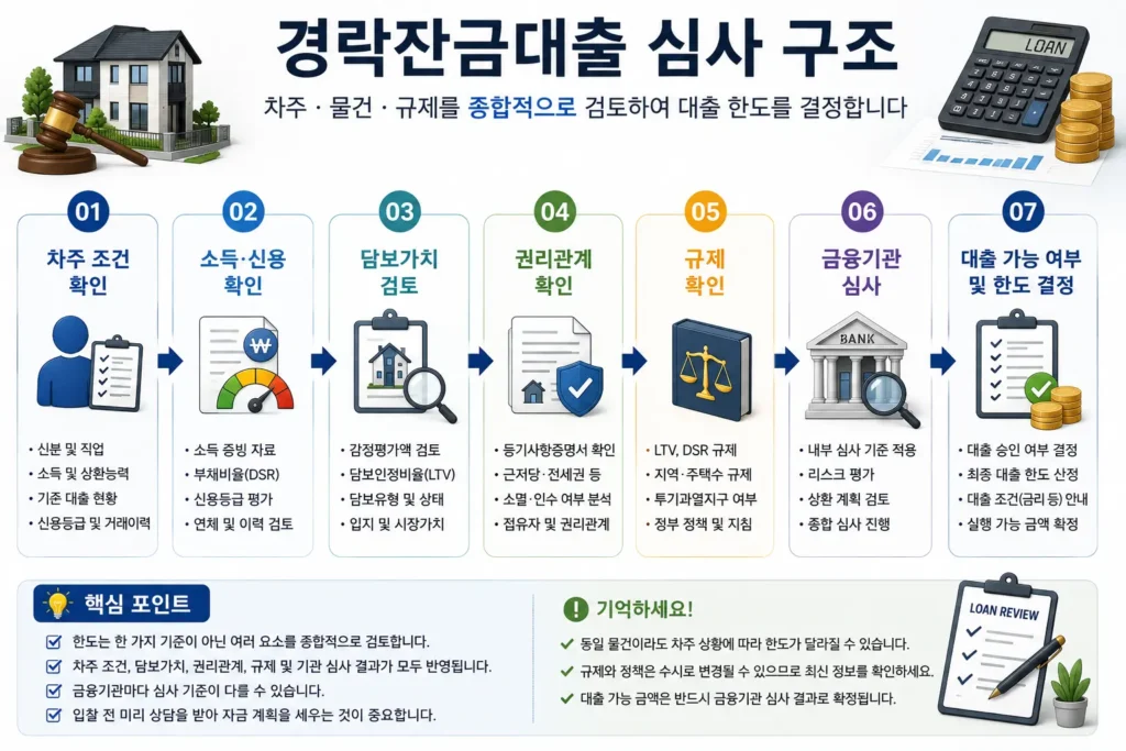경락잔금대출 심사에서 차주 조건과 담보가치, 규제를 종합적으로 검토하는 과정을 설명하는 인포그래픽