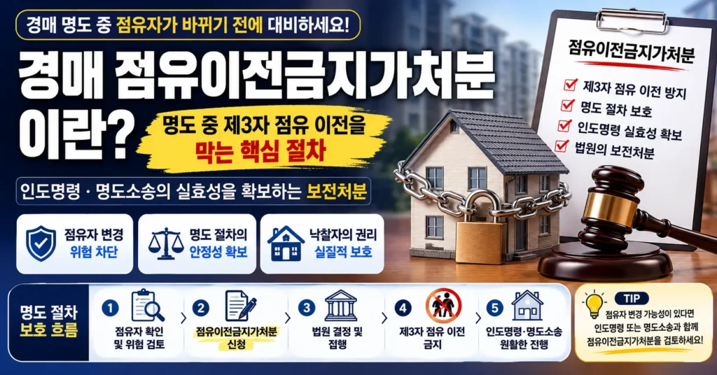 경매 점유이전금지가처분과 명도 중 제3자 점유 이전 방지를 설명하는 인포그래픽