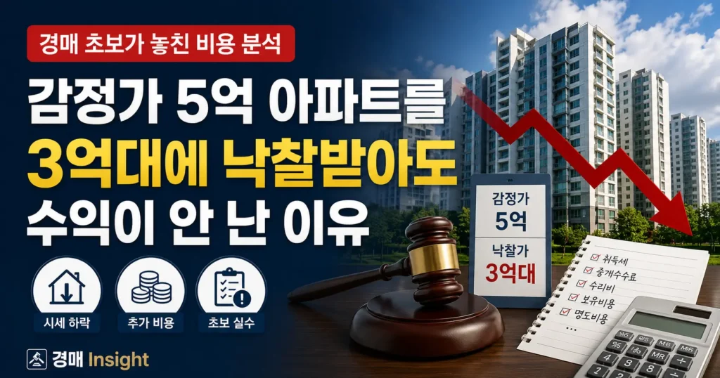 감정가보다 낮은 가격에 낙찰받았지만 수익이 발생하지 않은 경매 비용 관련 교육용 사례를 설명하는 대표 이미지