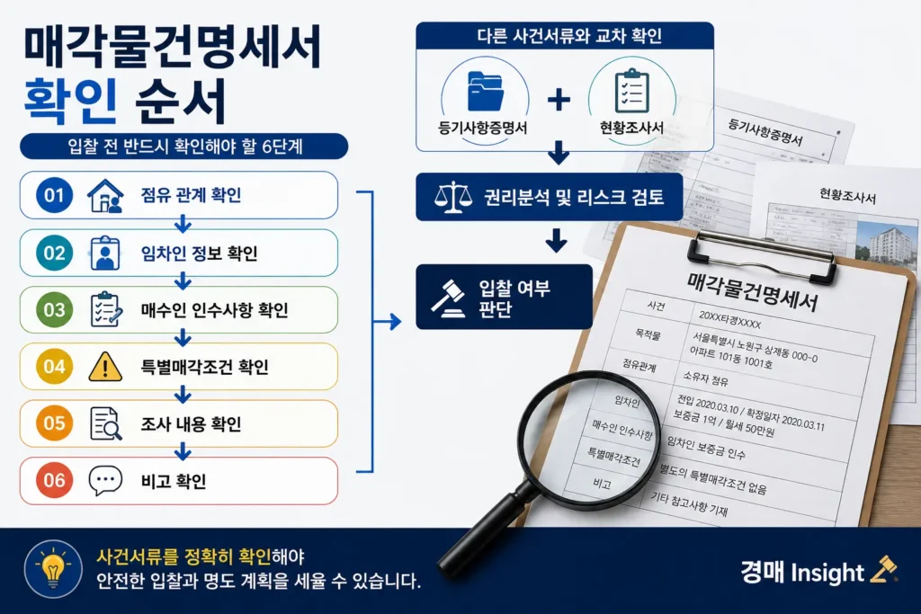 매각물건명세서를 확인하는 6단계 순서를 설명하는 인포그래픽