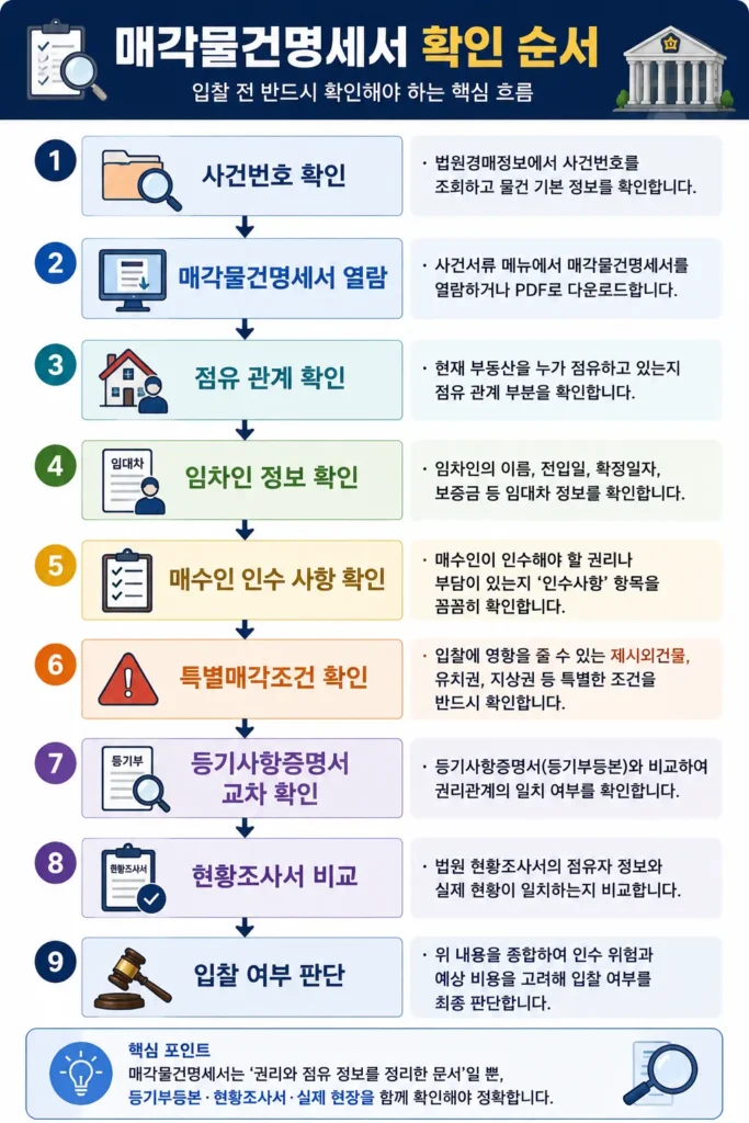 매각물건명세서 확인 순서를 설명하는 인포그래픽