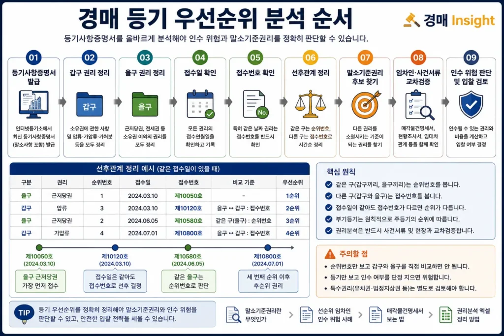 경매 등기사항증명서에서 접수일 순위번호 접수번호를 비교해 권리 우선순위를 분석하는 순서