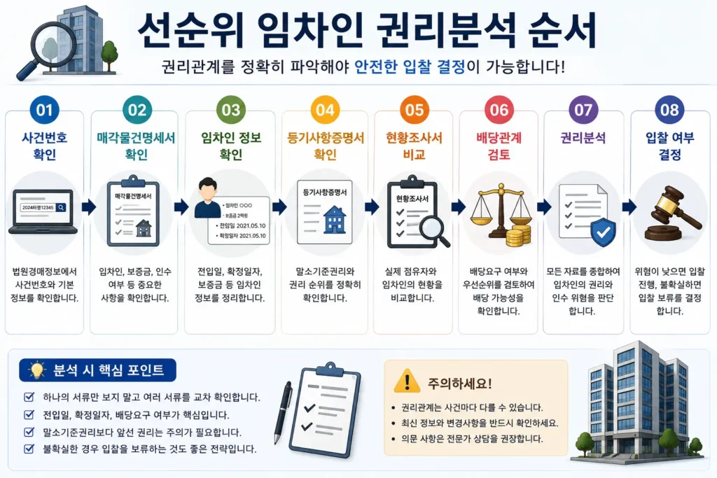 선순위 임차인 권리분석 후 입찰 여부를 판단하는 과정을 설명하는 인포그래픽