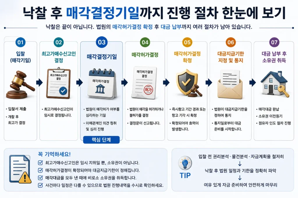 낙찰 이후 매각결정기일부터 소유권 이전까지 진행되는 절차를 설명하는 인포그래픽