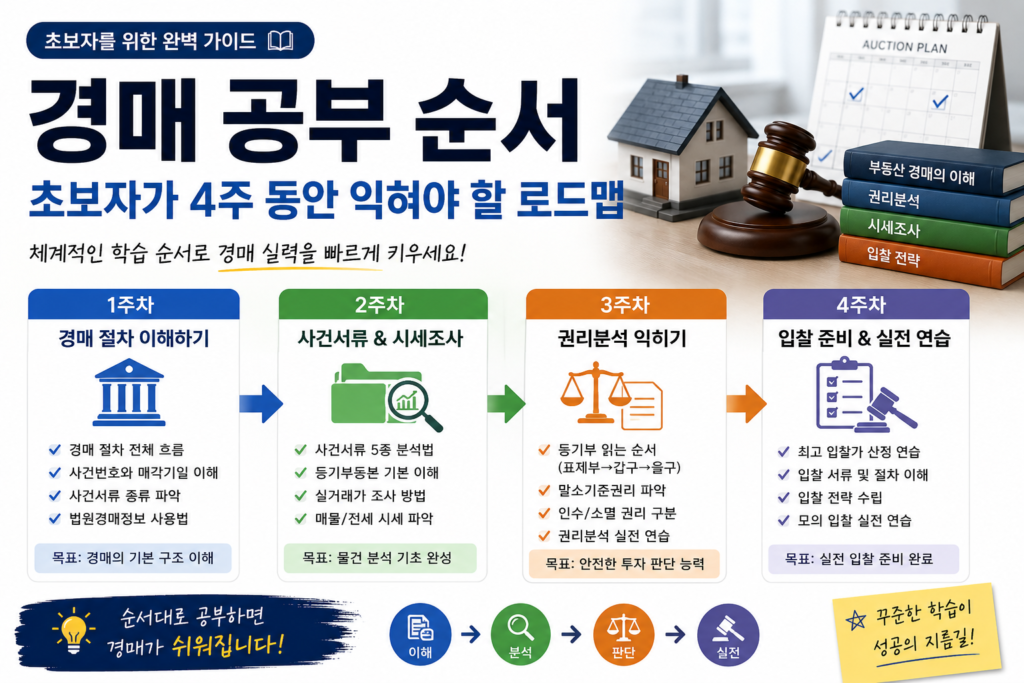 경매 공부 순서를 4주 학습 로드맵으로 설명하는 대표 이미지