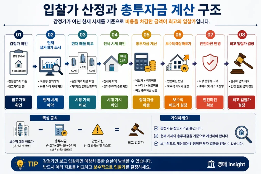 현재 시세와 총투자금을 기준으로 최고 입찰가를 계산하는 과정을 설명하는 인포그래픽