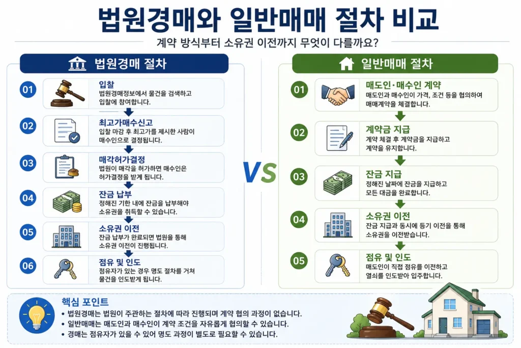 법원경매와 일반매매 절차를 비교하는 인포그래픽