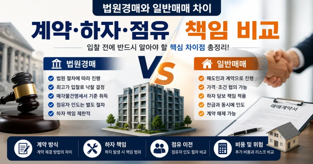 법원경매와 일반매매의 계약과 점유 절차 차이를 비교하는 대표 이미지