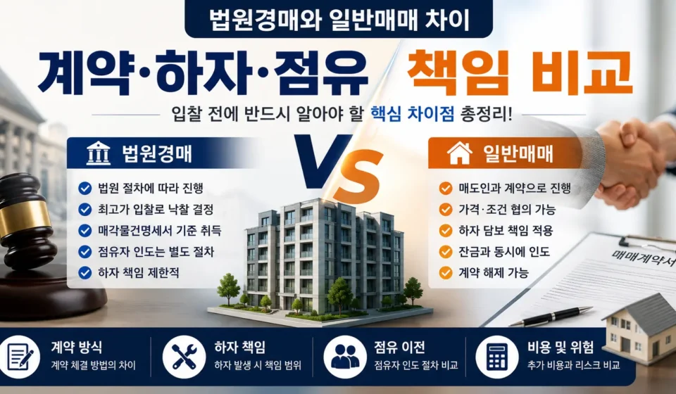 법원경매와 일반매매 절차를 비교하는 인포그래픽