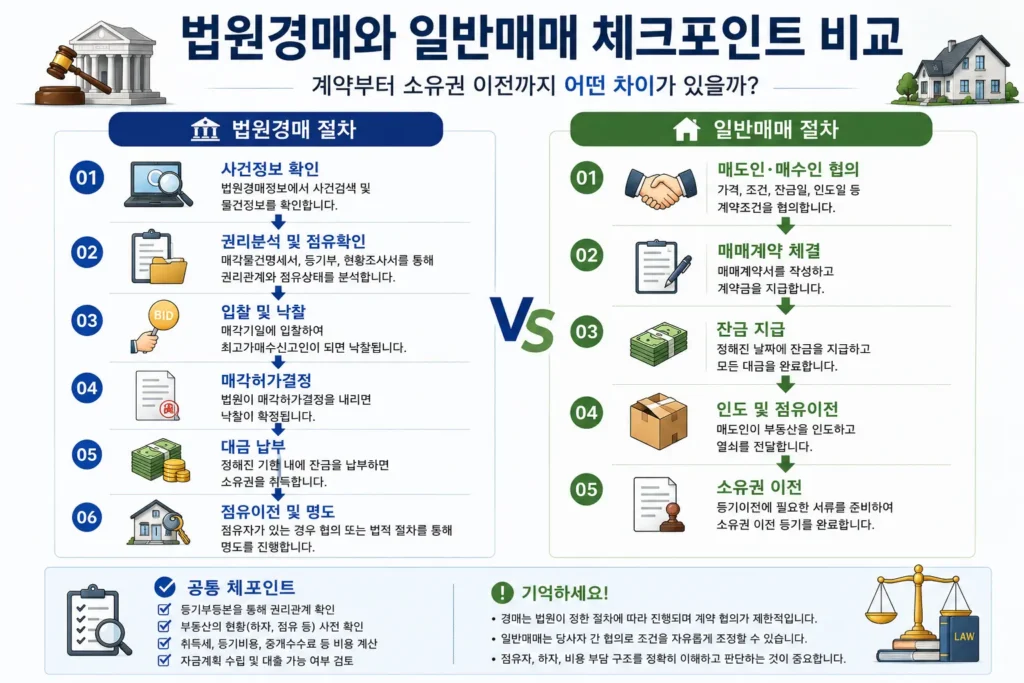 법원경매와 일반매매의 계약, 하자, 점유, 가격 결정 방식을 비교하는 인포그래픽