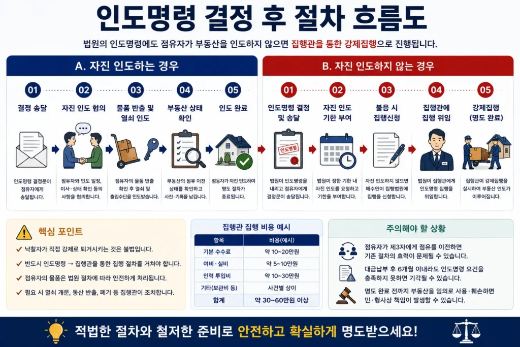 경매 인도명령 결정 후 자진 인도와 강제집행 진행 절차 비교