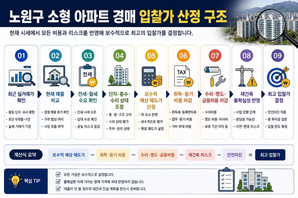노원구 소형 아파트 경매의 시세와 비용을 반영해 최고 입찰가를 정하는 구조