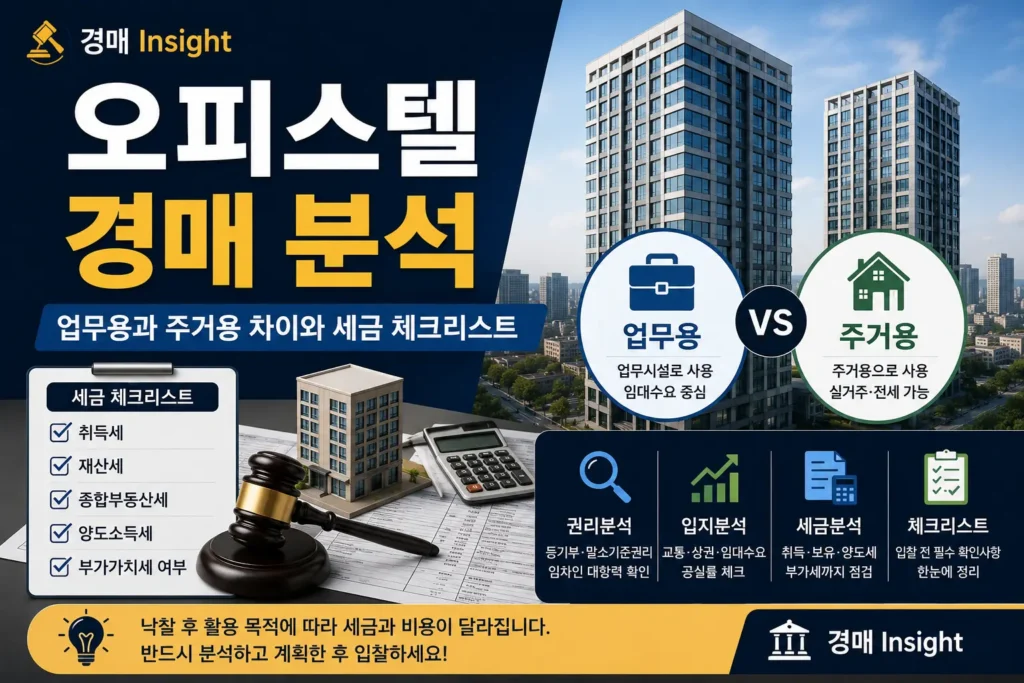 업무용과 주거용 오피스텔 경매를 비교하는 대표 이미지