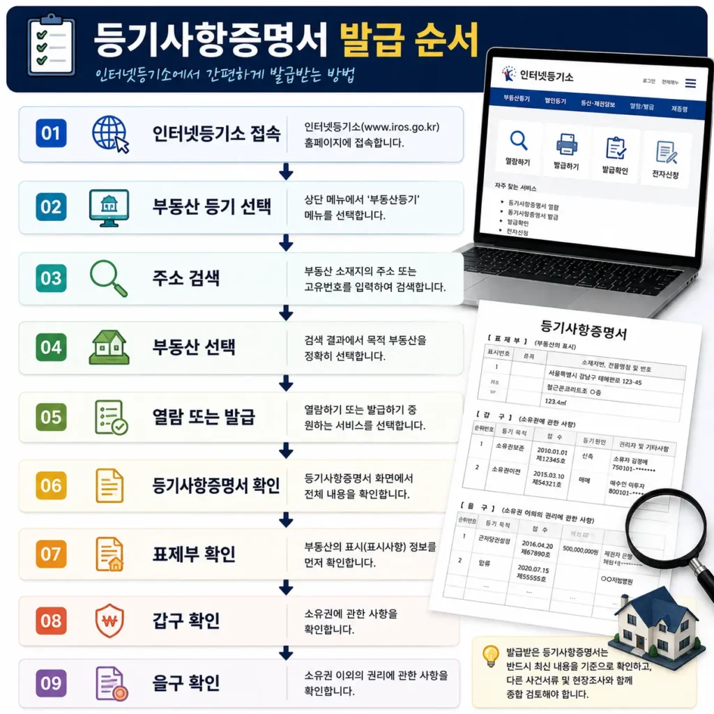 인터넷등기소에서 등기사항증명서를 발급받는 순서를 설명하는 인포그래픽