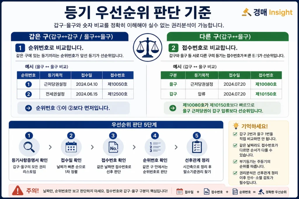 등기사항증명서 갑구와 을구의 순위번호와 접수번호로 우선순위를 판단하는 방법