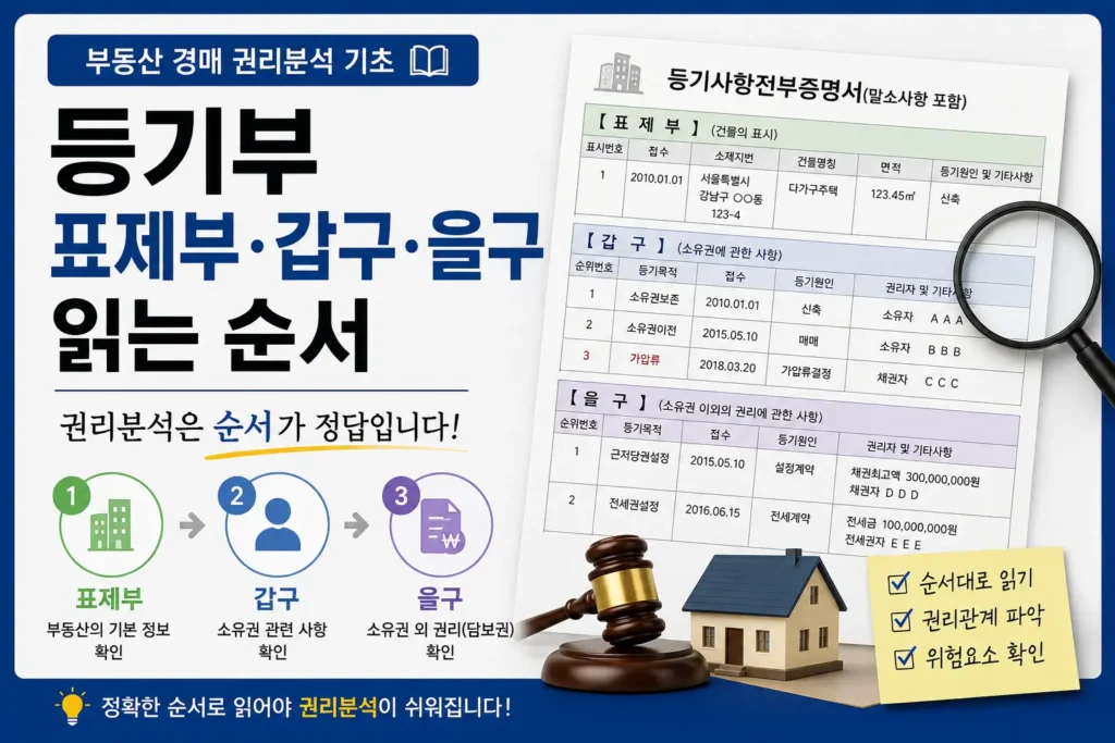 등기부 보는법 표제부·갑구·을구 읽는 순서｜부동산 경매 권리분석 기초