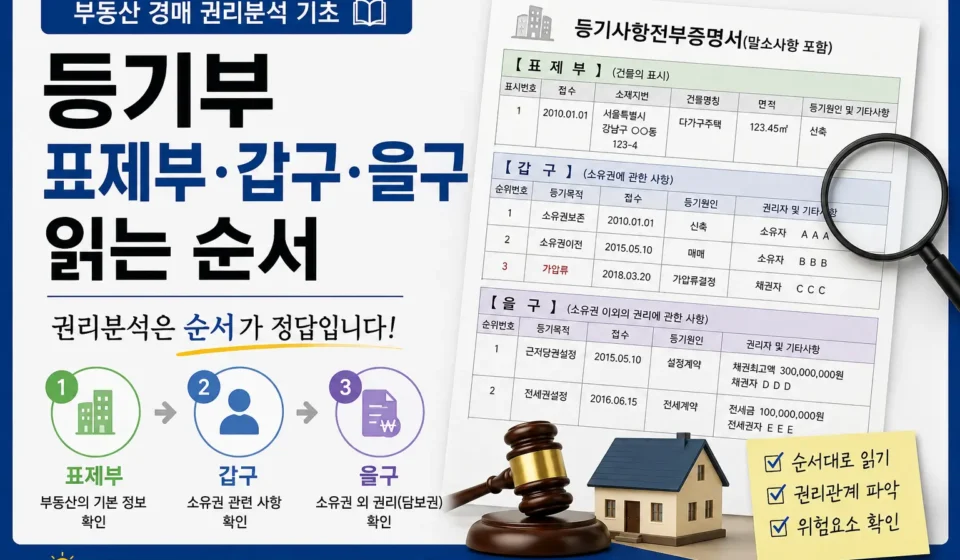 등기부 보는법 표제부·갑구·을구 읽는 순서｜부동산 경매 권리분석 기초