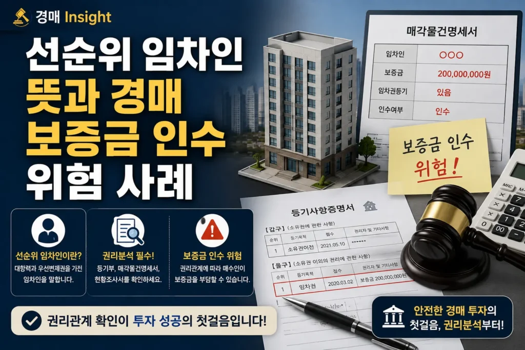 선순위 임차인 보증금 인수 위험을 설명하는 부동산 경매 대표 이미지