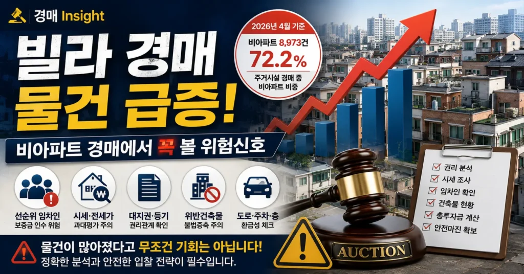 2026년 빌라 경매 물건 증가와 비아파트 경매 위험신호를 설명하는 이미지