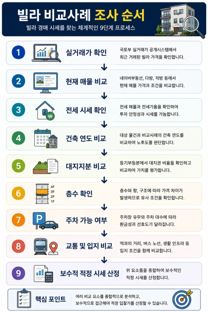 빌라 경매 시세 비교사례를 찾는 순서를 설명하는 인포그래픽