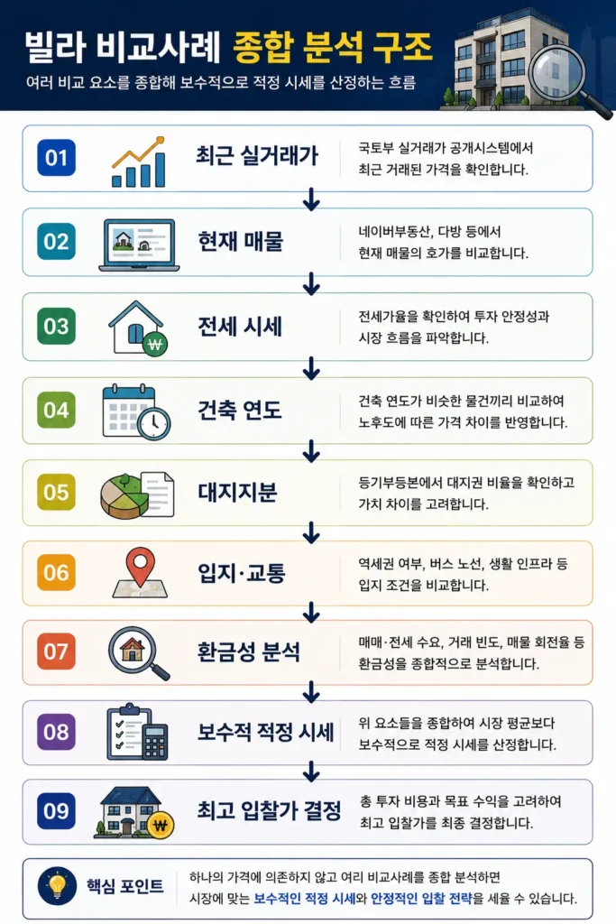빌라 시세를 실거래가와 매물, 전세 시세를 종합해 분석하는 구조를 설명하는 인포그래픽