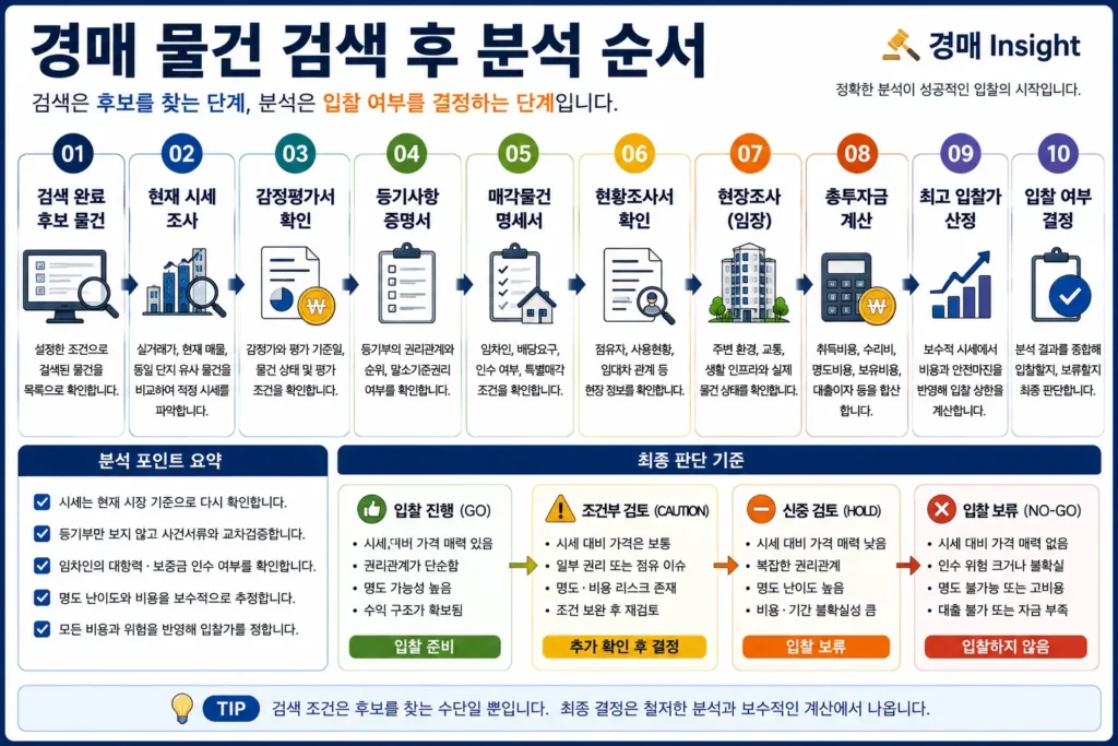 아파트 경매 물건 검색 후 시세조사 권리분석 총투자금 계산을 거쳐 입찰 여부를 결정하는 과정