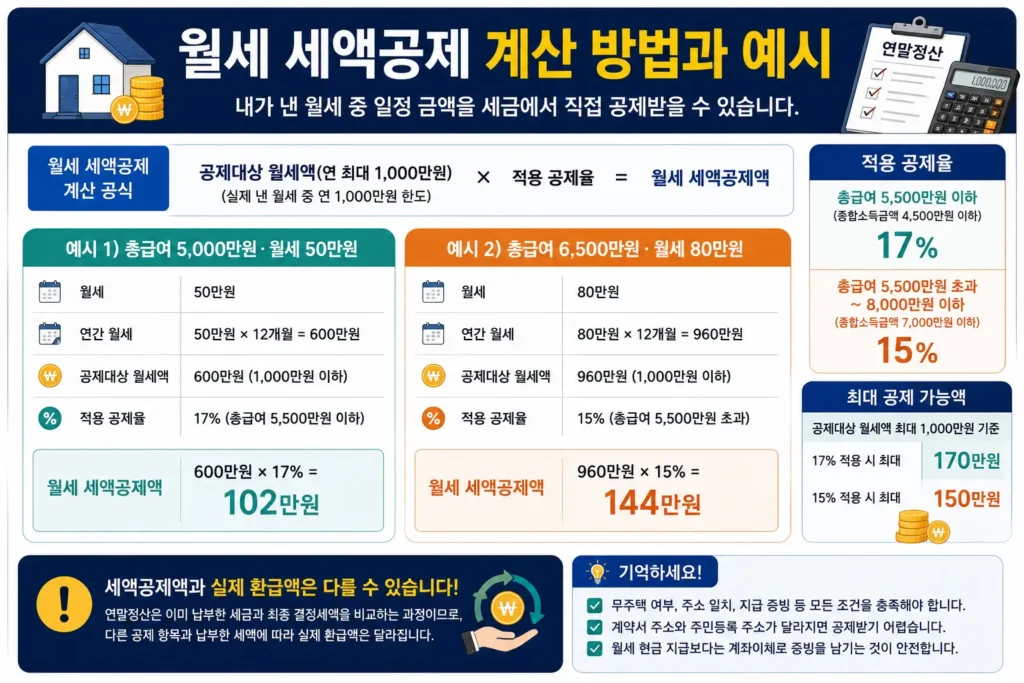 월세 연말정산 세액공제율 17%와 15% 계산 예시