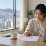 서울 아파트 창가에서 임대차 예산을 검토하는 세입자