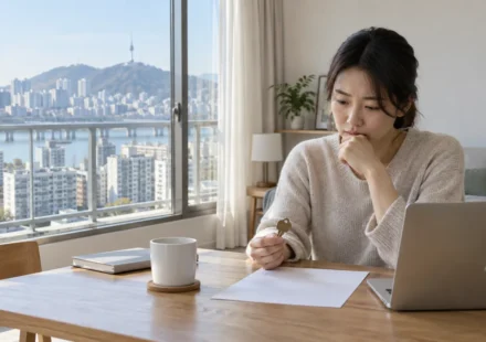 서울 아파트 창가에서 임대차 예산을 검토하는 세입자