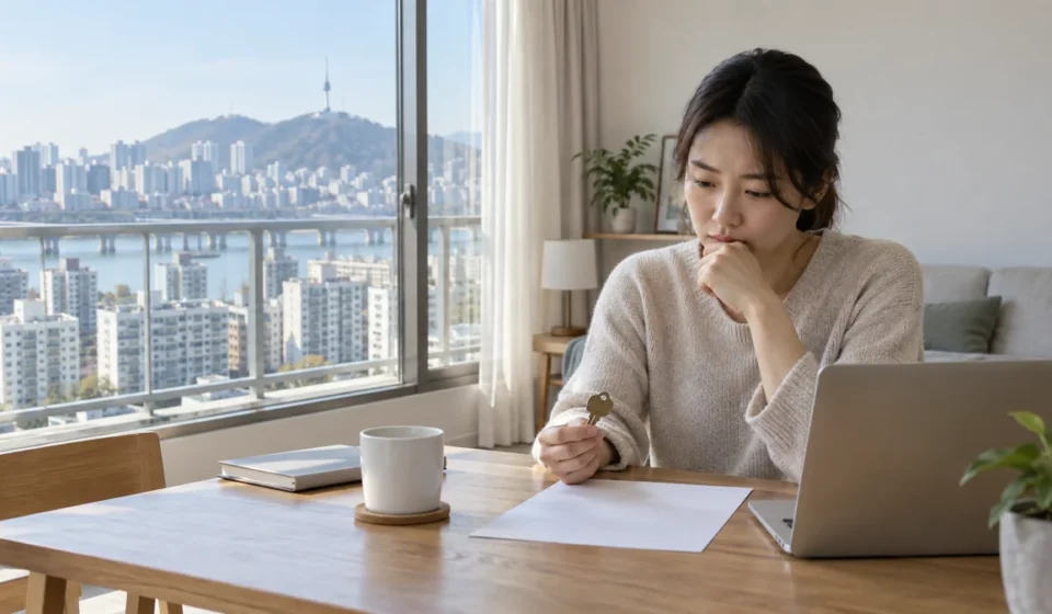 서울 아파트 창가에서 임대차 예산을 검토하는 세입자